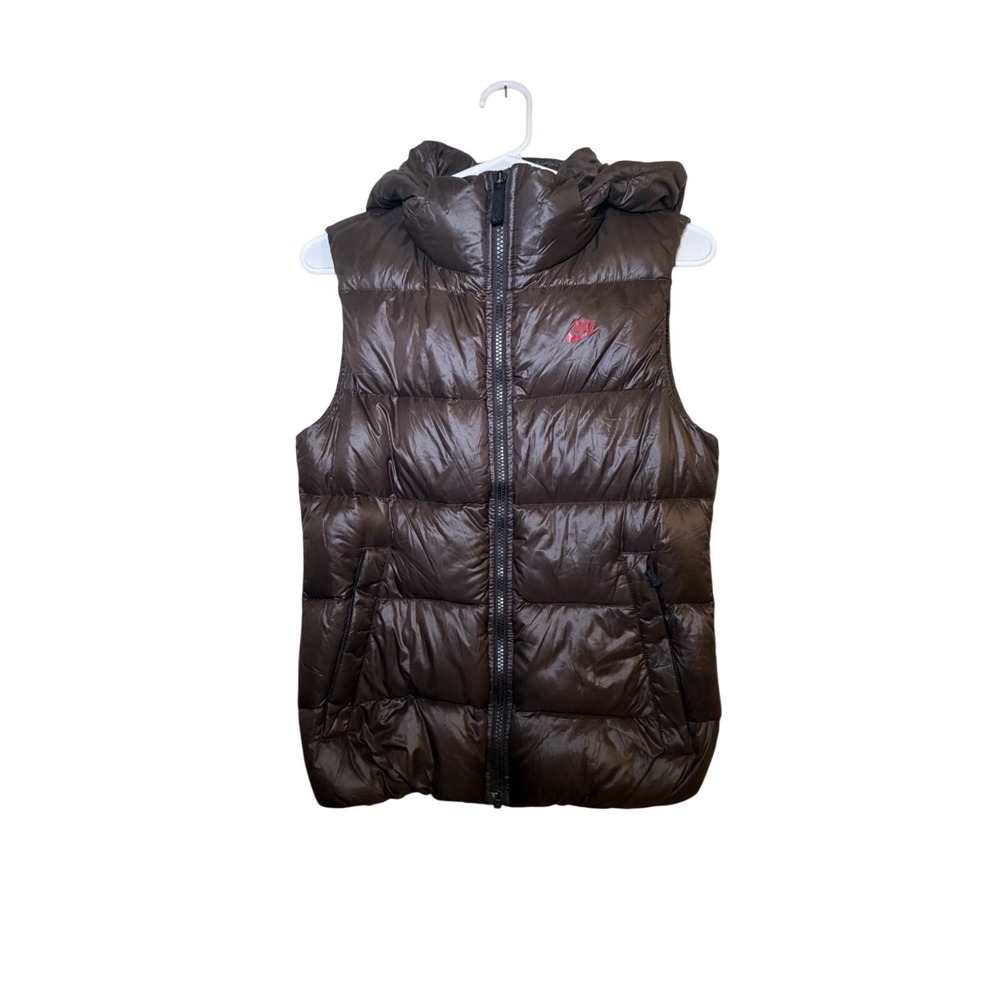 Nike Puffer Vest Hoodie Women's Small Brown Down Style Zip Up Sleeveless Jacket